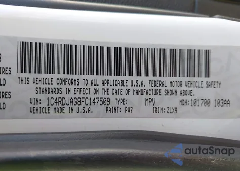 2015 Dodge Durango Sxt z USA, uszkodzony, nr VIN 1C4RDJAG8FC147509